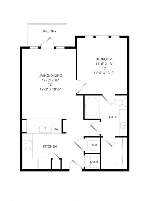 Floor plan for 1 bed, 1 bath, 744 sqft